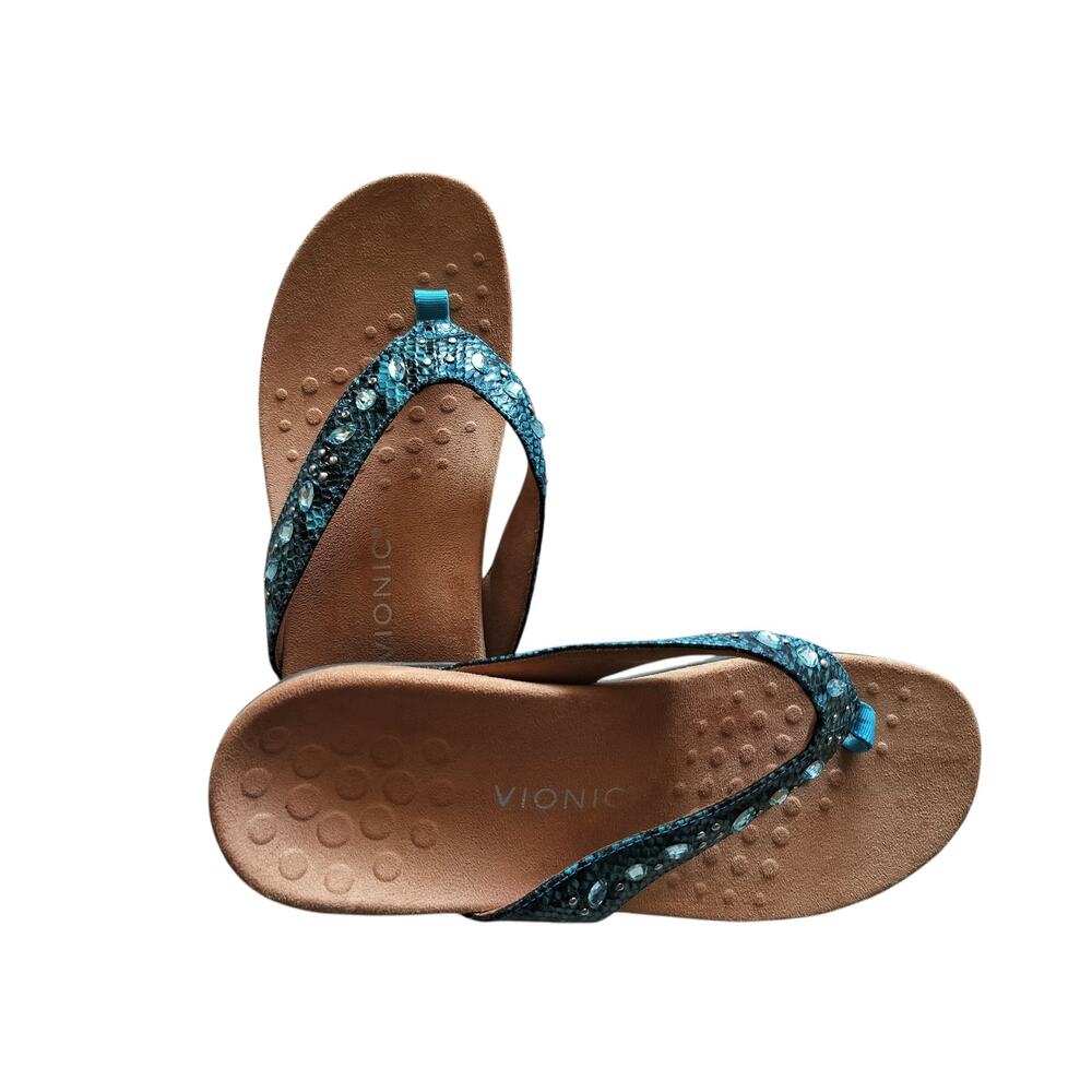 Vionic Women's Lucia Thong Sandals Aqua Snake Print With Rhinestone Size 11